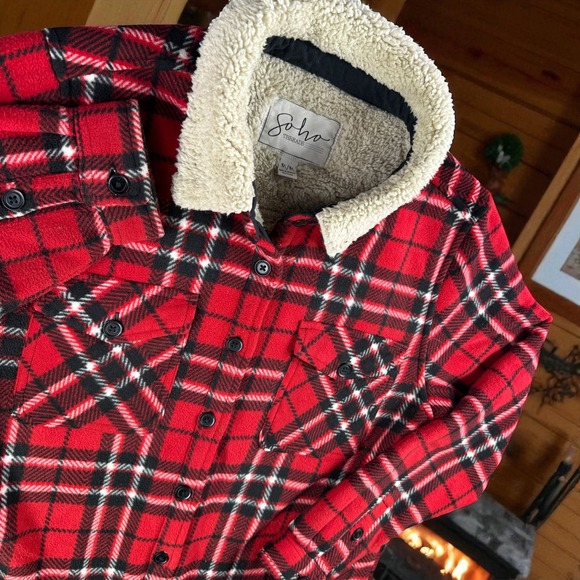 Soho Threads Sherpa Jacket Women M Plaid Button Up Shacket Buffalo Check Red - Picture 1 of 10